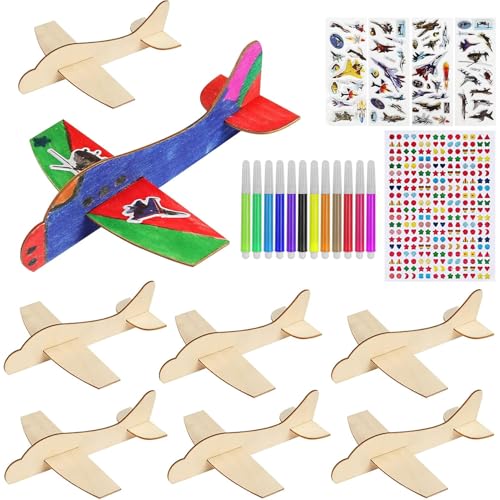 BAPHILE 12 Pack DIY Wood Planes，Mini Airplane Paint and Decorate Wooden Airplane Craft Kits with Decorate Tools for Kids School Craft Decor Projects