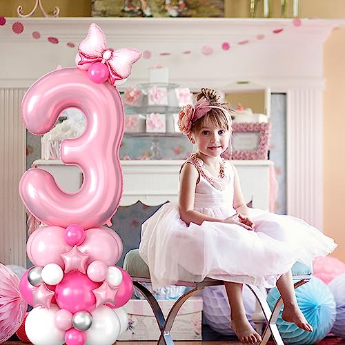 Image of 40 Inch Pink Number 3 Balloon Tower 3rd Birthday Decorations for Girls