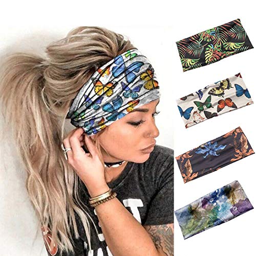 ELABEST Boho Wide Elastic Headband Stretchy Printing Bandana Bandeau Sport Hairband Yoga 4Pack Headwear for Women and Girls