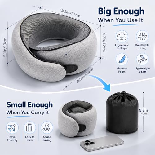 Image of Purroch G-Shape Memory Foam Travel Neck Pillow - 100% Pure Foam Ergonomic Support with Eye Mask & Ear Plugs for Airplane Flights, Car Trips & Office Naps, Beige Gray