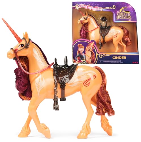 Unicorn Academy Einhorn - 28 cm groß, Original-Einhorn zur beliebten Netflix-Serie, mit echter Mähne und Schweif, abnehmbarem Zaumzeug und Sattel sowie Bürste, für Kinder ab 4 Jahren