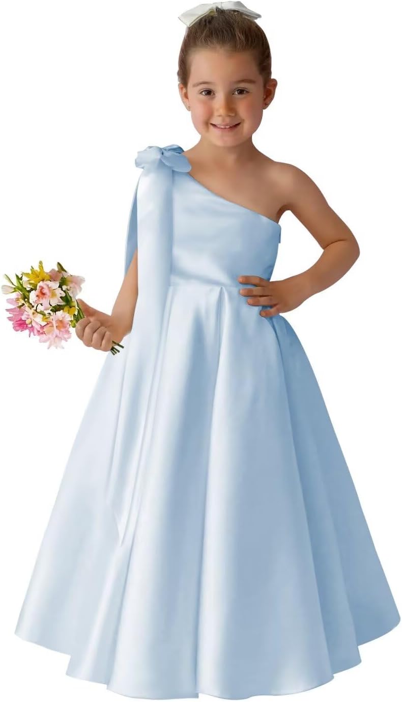 Cute One Shoulder Silk Satin Long Dress for Girls Bow-Knot Flower Girl Dresses for Wedding Birthday Formal