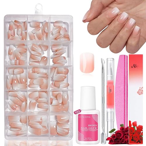 Juego de puntas de uñas postizas, 240 unidades, 15 tamaños, color blanco nude, gradiente de color, uñas artificiales para extensiones de uñas, con caja (gradiente de bebé desnudo)