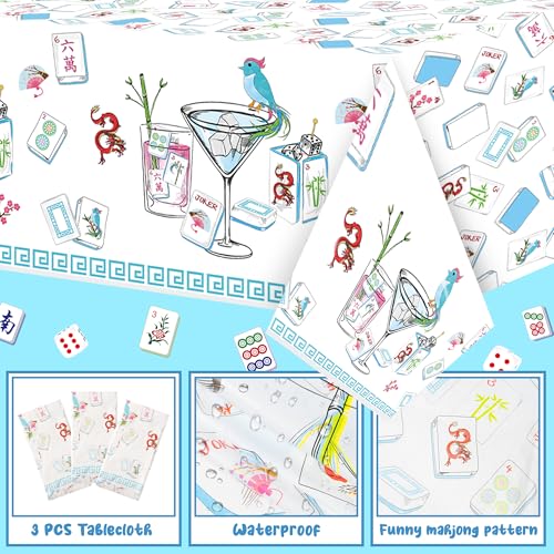 Image of K1tpde Mahjong Party Tablecloth Decoration - 3PCS Cocktail Themed White and Blue Plastic Tablecloth, Disposable Cocktail Tablecover for Adult, Mahjong Party Supplies for Birthday Bachelorette Decor