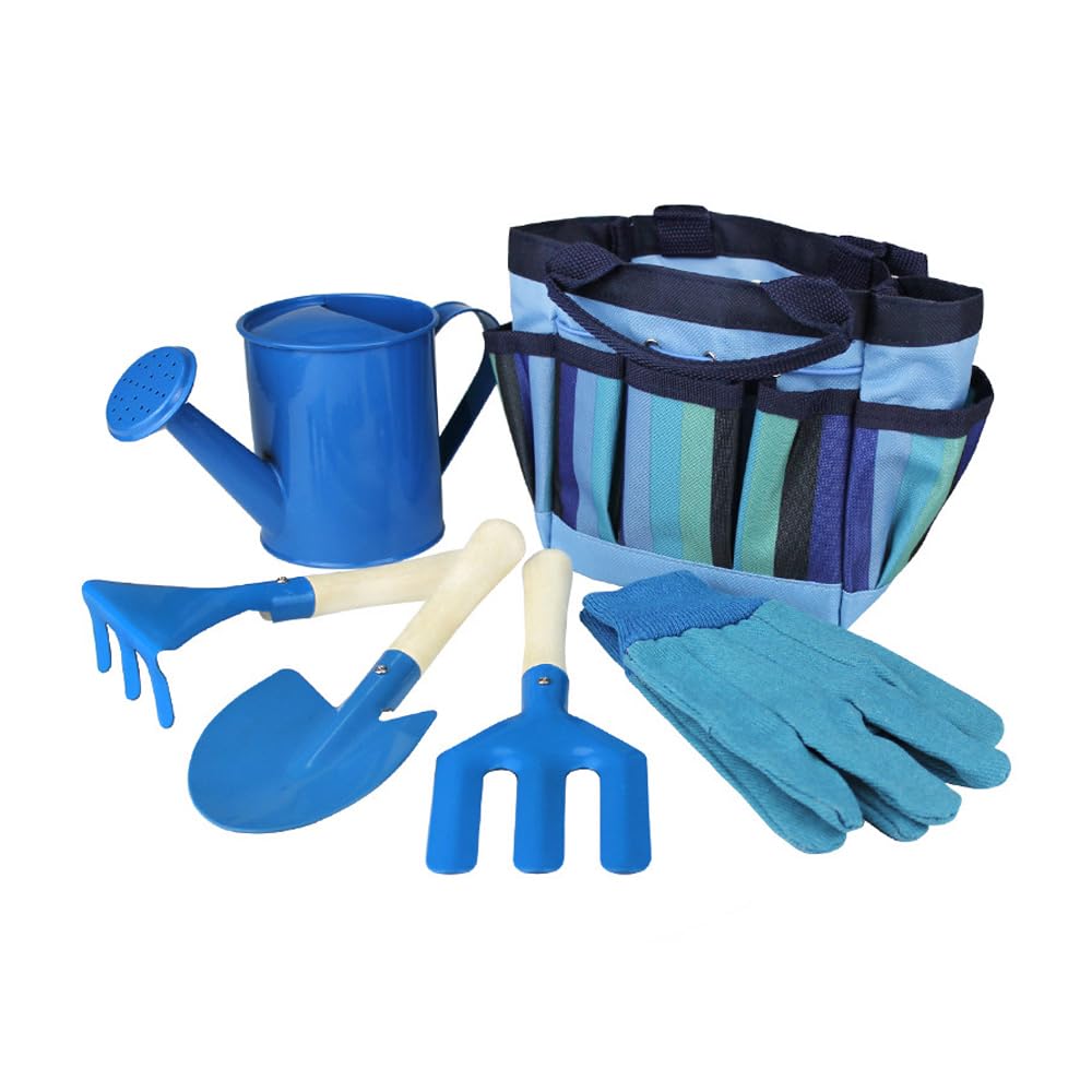 Children's Garden Tool Set, Child Rake, Tote Bag, Watering Can, Shovel and Trowel, Children's Garden Tool Toy Set, Outdoor Beach Children's Set (Blue)