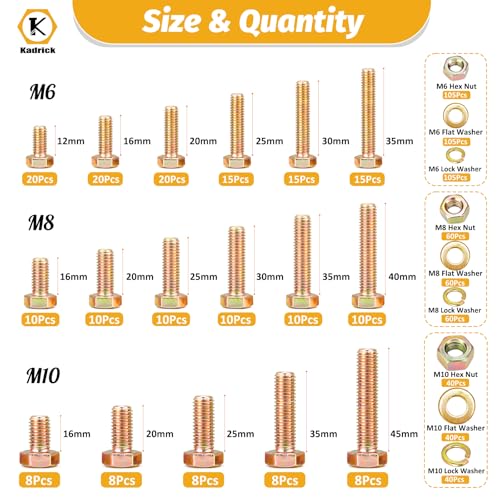 Image of Kadrick 820Pcs Grade 8.8 Metric Bolt Assortment, M6 M8 M10 Hex Heavy Duty Bolts and Nuts Kit,M6 x1.0 M8 x1.25 M10-1.5 (12mm to 45mm),Yellow Zinc Plated