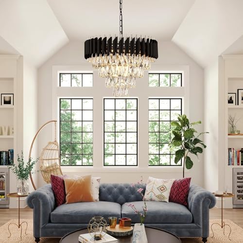 Image of Manraj Modern Crystal Chandelier, 500 mm Round, 3-Tier Black and Gold, K9 Crystal Ceiling Light Fixture for Living Room and Hallway (Black & Gold, 500mm)