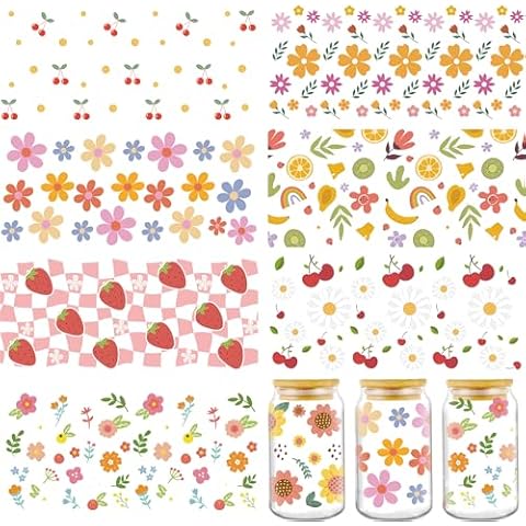 AFRITEE UV DTF Cup Wraps - 8 Sheets Flower Fresh Simple Floral Sunflower Daisy Strawberry Patterns Transfer UV DTF Cup Wraps, Colorful Waterproof Rub on Cup Wraps for 16oz Glass Cups DIY Crafts Cover