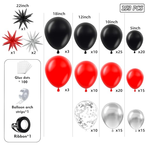 Image of 153Pcs Red and Black Silver Balloons Garland Arch Kit with Stars -22 18 12 10 5 inch Different Size Red Black Metallic Silver Balloon for Birthday Graduation Racing Car Poker Party Decorations