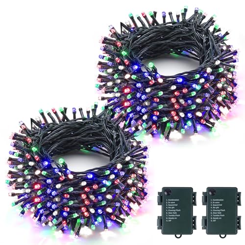 SUNOYA Lot De 2 10m 100 LED Guirlande Lumineuse Pile, Guirlande Lumineuse Exterieure, Guirlande Lumineuses Multicolore, 8 Modes De Noël Par Chambre, Mariage, 2 Pièces, Multicolore