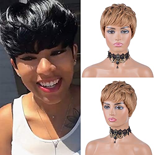 Usexy Short Wigs for Black Women Short Human Hair Wigs Pixie Cut Wigs for Black Women Wigs with Bangs Short Black Layered Wavy 27 Color