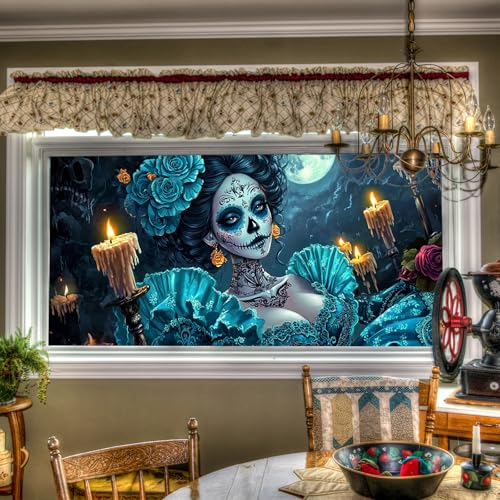 Vinilo decoración ventana azul calavera Día de Muertos miniatura 1