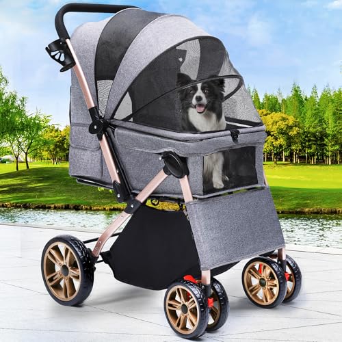 YITAHOME Hundebuggy Hundewagen klappbar für Hunde & Katzen, Haustierbuggy bis 22 kg mit umkehrbarem Griff, Netzfenstern, Getränkehalter, 360° drehbare EVA-Räder mit Bremsen (Grau)