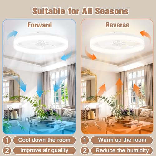 Image of VOLISUN Low Profile Bladeless Ceiling Fans with Dimmable LED Light, 23.6in Flush Mount for Bedroom (White)