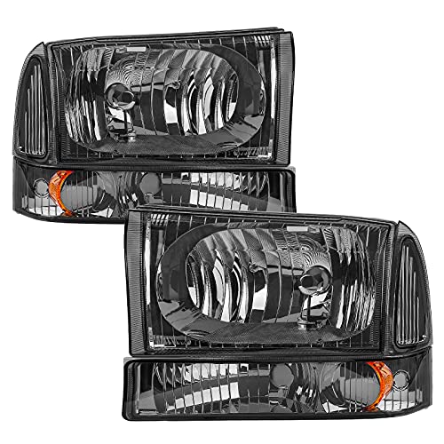AUTOSAVER88 Headlight Assembly Compatible with 1999-2004 Ford F250 F350 F450 F550 Super Duty +Park Signal Lamps Smoke Lens Amber Reflector