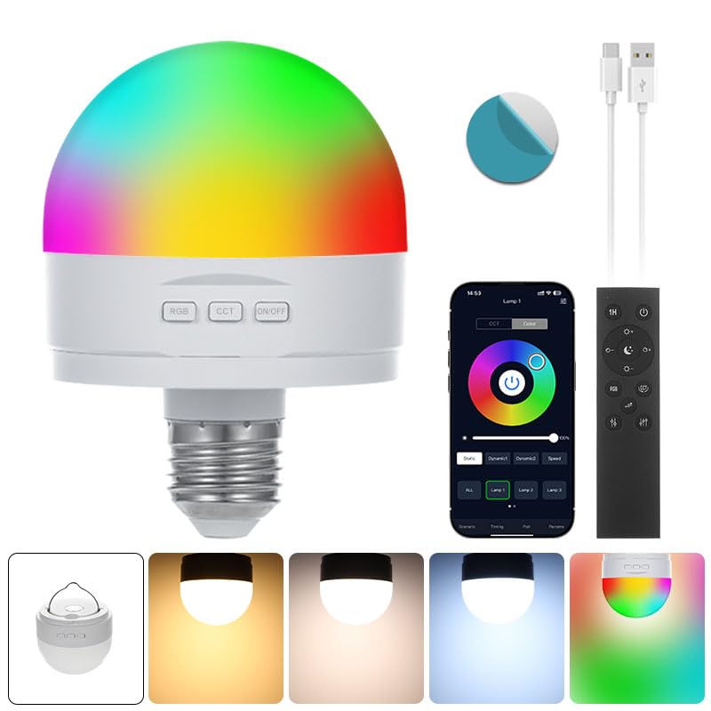 Lampadina ricaricabile con telecomando e controllo app, Smart E27 LED dimmerabile, CCT + RGB, 5 W USB batteria lampadina con magnetica, 3500 mAh, luce di emergenza per esterni con gancio, funzione