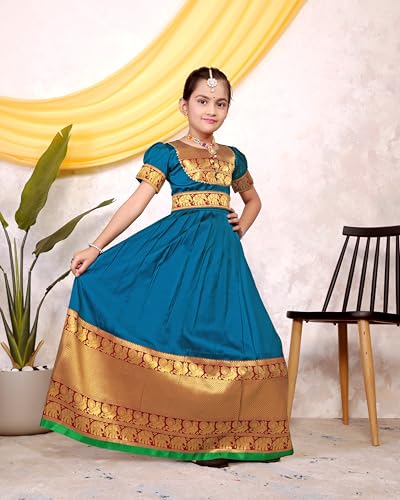 Image of Girls Silk Pattu Gown for Kids Traditional South Indian Long Ethnic Dress | Baby Girl Festival Pavadai Sattai Style Party Wedding Birthday Special Occasion Outfit