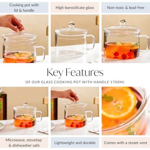 Image of Nestasia Borosilicate Glass Cooking Pot with Glass Lid (1700 ml) - Transparent Casserole with Air Vent Lid & Handle on Gas Stove | Microwave & Dishwasher Safe Durable Handi for Kitchen
