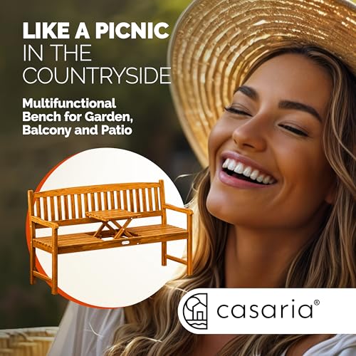 CASARIA® Picnic Wooden Garden Bench | FSC®-Certified Eucalyptus Wood | Integrated Folding Table | Outdoor Garden Patio Deck Balcony Furniture | 3 -Seater | Brown 153x57x90cm