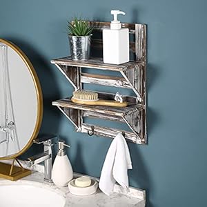 MyGift 2 Tier Wall Mounted Rustic Torched Wood Entryway Shelf with Key Hooks, Decorative Wooden Bathroom Shelving for Toiletries, Hand Towels, Plant Display MyGift 2 Tier Wall Mounted Rustic Torched Wood Entryway Shelf with Key Hooks Decorative Wooden Bathroom Shelving for Toiletries Hand Towels Plant Display