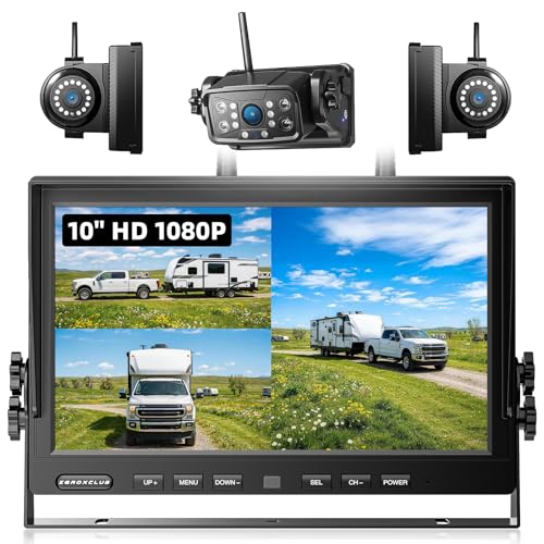 Image of 3 Magnetic Wireless Backup Camera with HD 1080P 10 inch DVR Monitor, 1-Rear View 2-Side View Cameras Wireless System for RV Trailer Trucks, Built-in 9600mAh Battery,Night Vision,Recording- ZEROXCLUB BC103