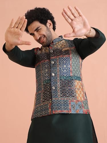 Kisah Men's Ethnic Wear Regular Fit Printed Cotton Blend Multi-Green Nehru Jacket-38