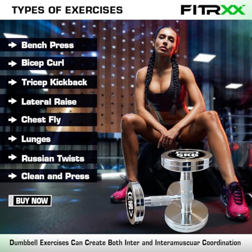 Image of Fitrxx Pair of chrome plated steel Fixed Weight Dumbbells - Gym equipment for home workout | Fitness Gym Dumbbell set for Muscles | stainless steel dumbles set | Dumbell Weights for Workout (Silver, 5 Kg Pair)