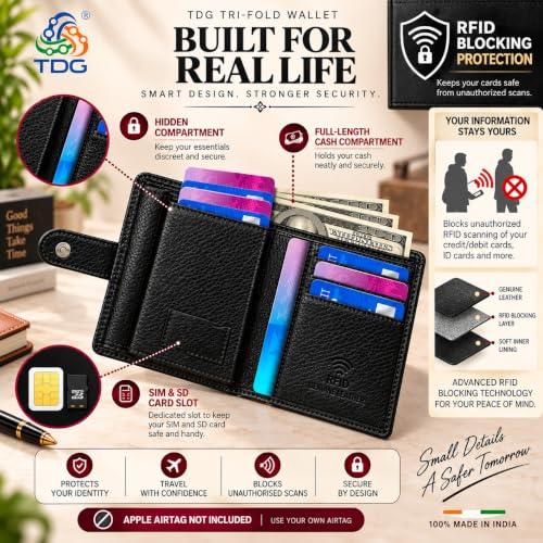 Image of TDG AirTag Pop-Up Leather Wallet for Men (Airtag Not Included) | RFID Smart Trifold 16+ Cards | Top Grain | Gift Ready | Handmade in India (Black)