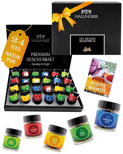 Hallingers Genuss Manufaktur Tee Geschenkset - 24 Sorten Premium loser Tee im Glas in edler Geschenkbox, vegan & glutenfrei, Tee Set 'Selektion 24' als Probierset, Geschenkidee für Frauen,...