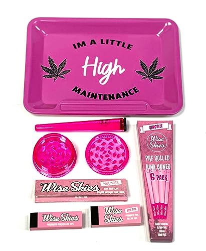 Wise Skies Pink High Maintenance Rolling Tray Set Choose Your Crusher Rolling Papers Tips Cone Holder Pre-Rolled V-Holder (55mm Set)