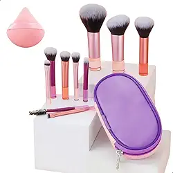 Kit 10 Pincéis de Maquiagem com Travel Bag e 1 Esponja de Maquiagem, Cerdas Sintéticas e Macias para Base, Pó, Blush, Corretivo e Sombras, Kit Pincel Maquiagem