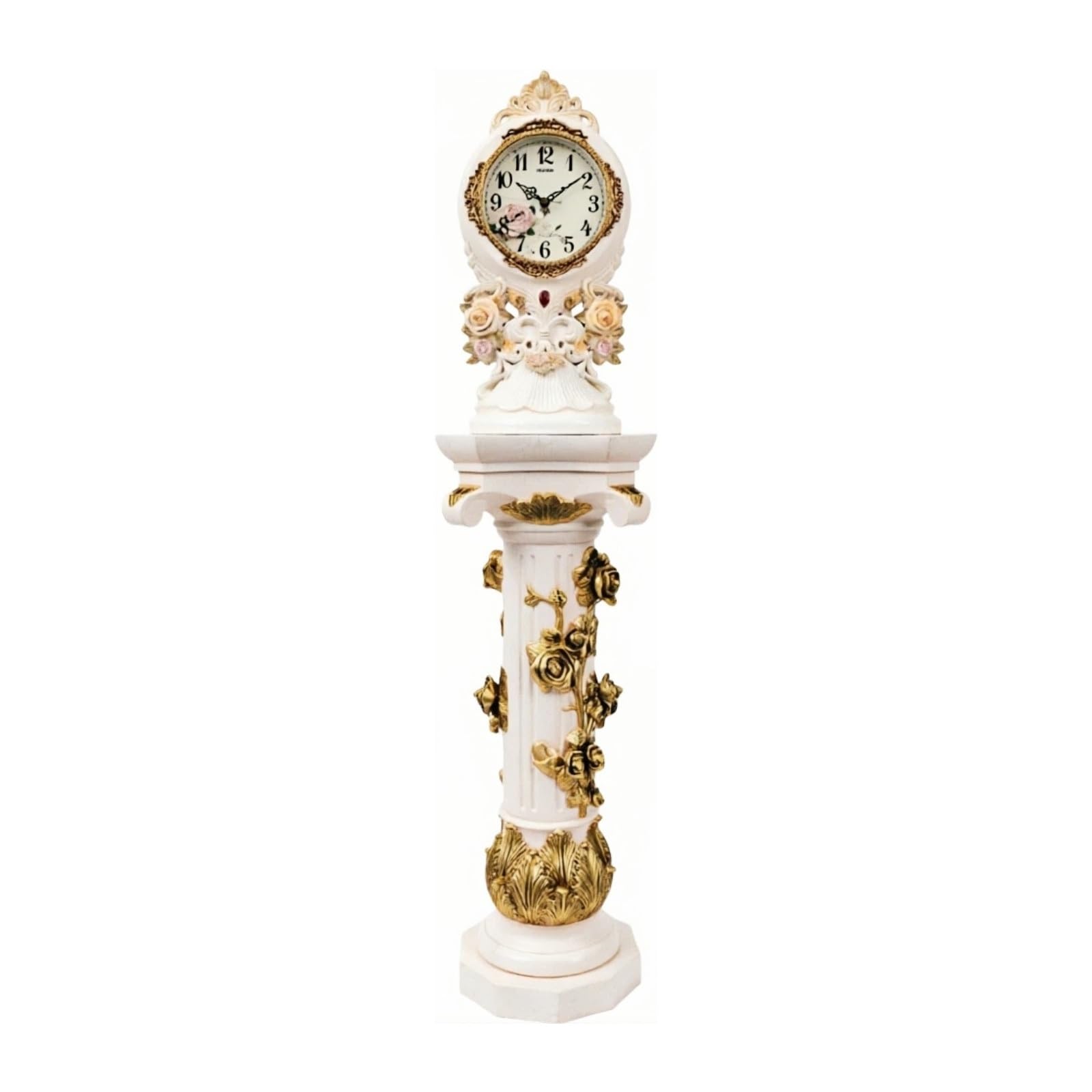 Kf2vBt7dP Chinese Style Floor Clock Floor Clock Quartz Silent Ornate Column Floral Pedestal for Living Room Grandfather Clocks(White)