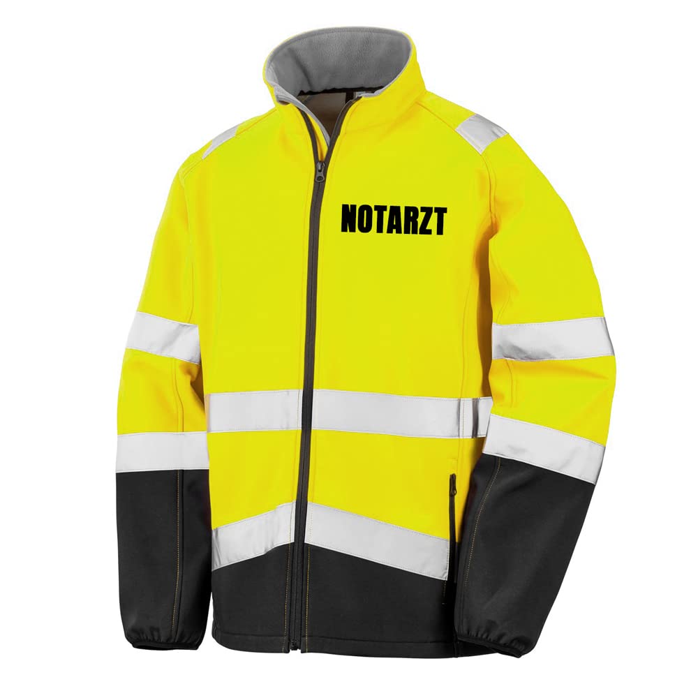 NOTARZT Sicherheitsjacke GELB aus Softshell - Gelb Warnjacke nach EN ISO 20471 zertifiziert - Unisex und hochwertigem Reflektorstreifen