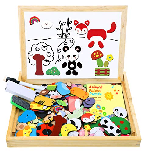 COOLJOY Puzzles de Madera Magnético, Tablero de Dibujo de Doble Cara, Puzzles Rompecabezas Magnéticos de Madera para Niños Niñas Juguete Educativo (Animales)