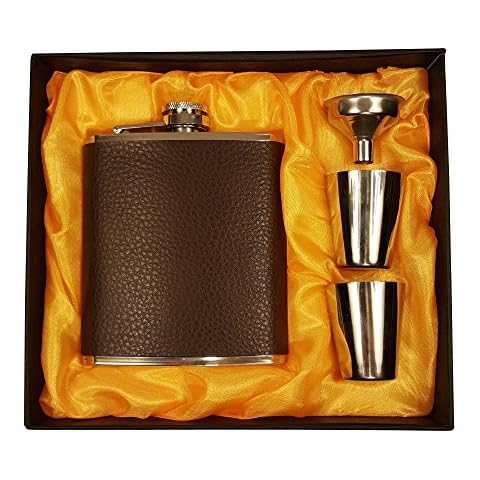 Brown Leather 7 Oz Flask Gift Set with Two Shot Glasses and Funnel Cover