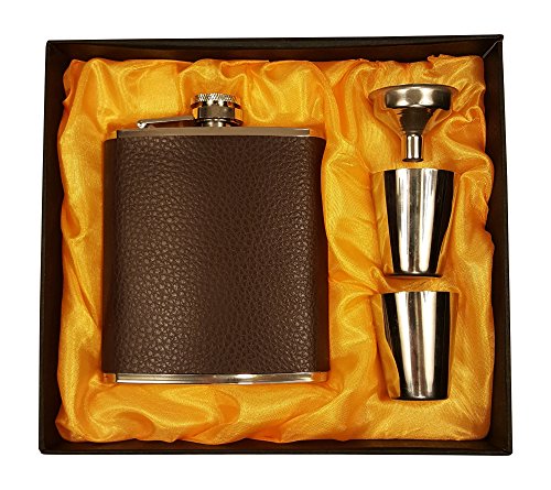 Set da regalo  fiaschetta in pelle marrone da 200ml con imbuto e due bicchieri