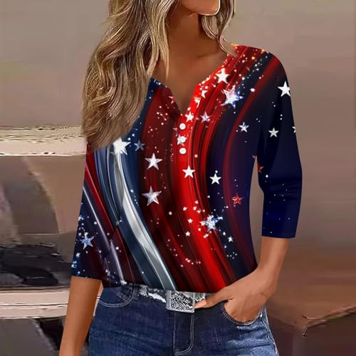 Image of 4th of July Shirts Women 3 /4 Length Sleeve Womens Tops Henley Neck Casual Patriotic T Shirts