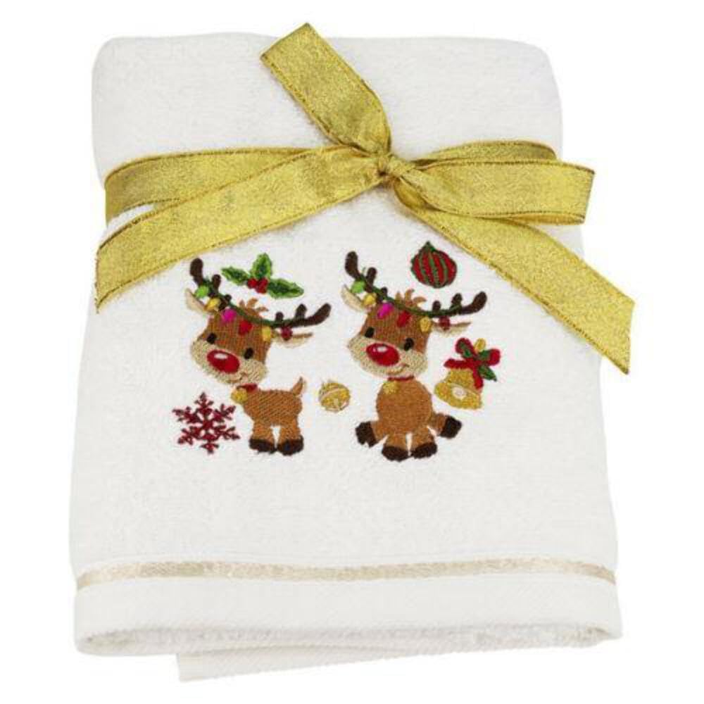 Bellissimo White Christmas Singing Reindeer Embroidered 100% Cotton Hand Towel,