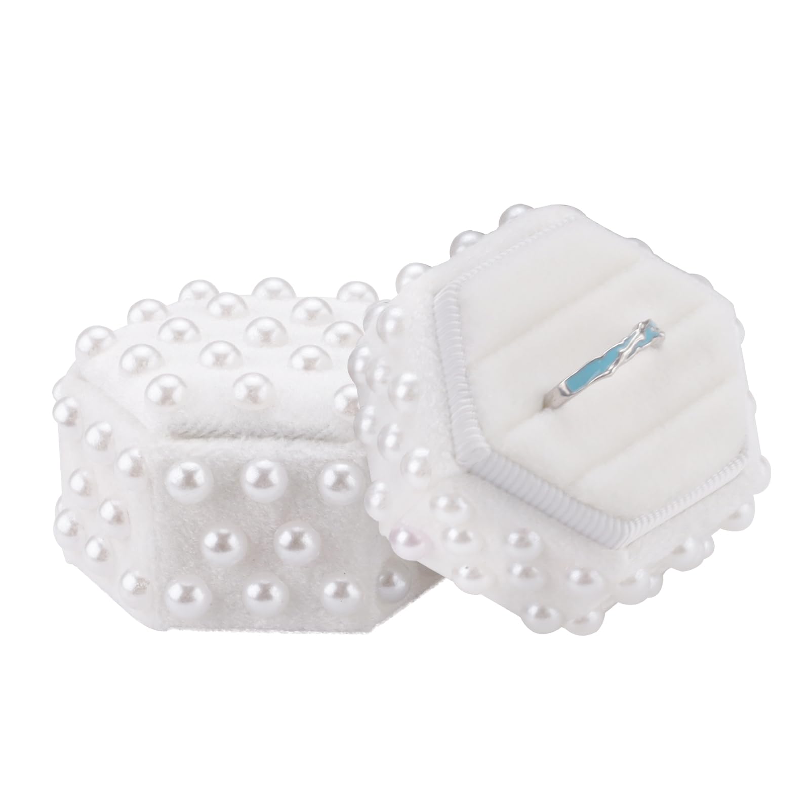 Wenfubrixa Women's White Hexagon Shape Ring Box Wedding Day, 3 Slots Ring Case With Pearl, Small Vintage Velvet Jewelry Box With Detachable Lid For Wedding Proposal Engagement Photography Ceremony (White)
