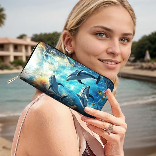 Image of RFID Blocking Leather Wallet for Women - Large Capacity Zip Around Clutch with 8 Card Slots,23 Cash Pockets & Coin Zipper,Cute Dolphin
