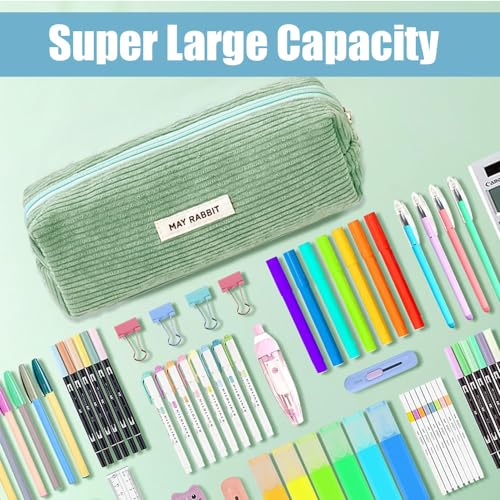 Topfunyy Cute Pencil Case Green Corduroy Student Large Pen Pouch Bag Cosmetic Bag Office Stationery Organizer for Teenage Boys Girls - Image 4