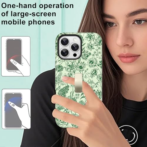 Image of Magnetic for iPhone 16 Pro Case with Finger Strap Kickstand [Compatible with Magsafe] Cute Flower Floral Pattern Design, Dual-Layer Shockproof Protective Cover for Women Men, Green