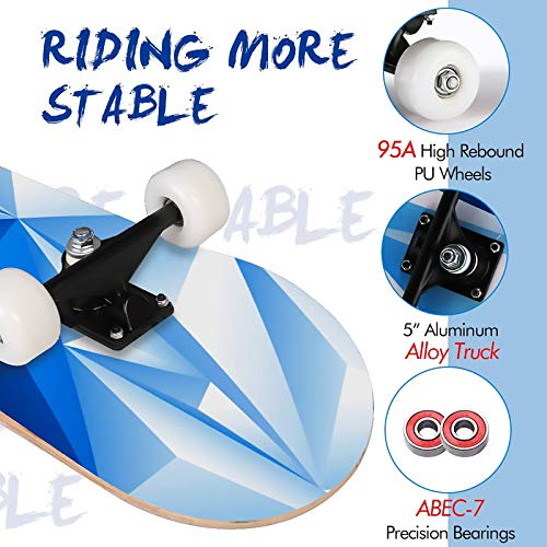 Scientoy Skateboard, Beginner Skateboards, 31" x 8" Complete Pro Skateboard with A Repair Kit for Kids/Boys/Girls/Youth/Adults, 9 Layer Canadian Maple Double Kick Skateboard for Outdoor Sports