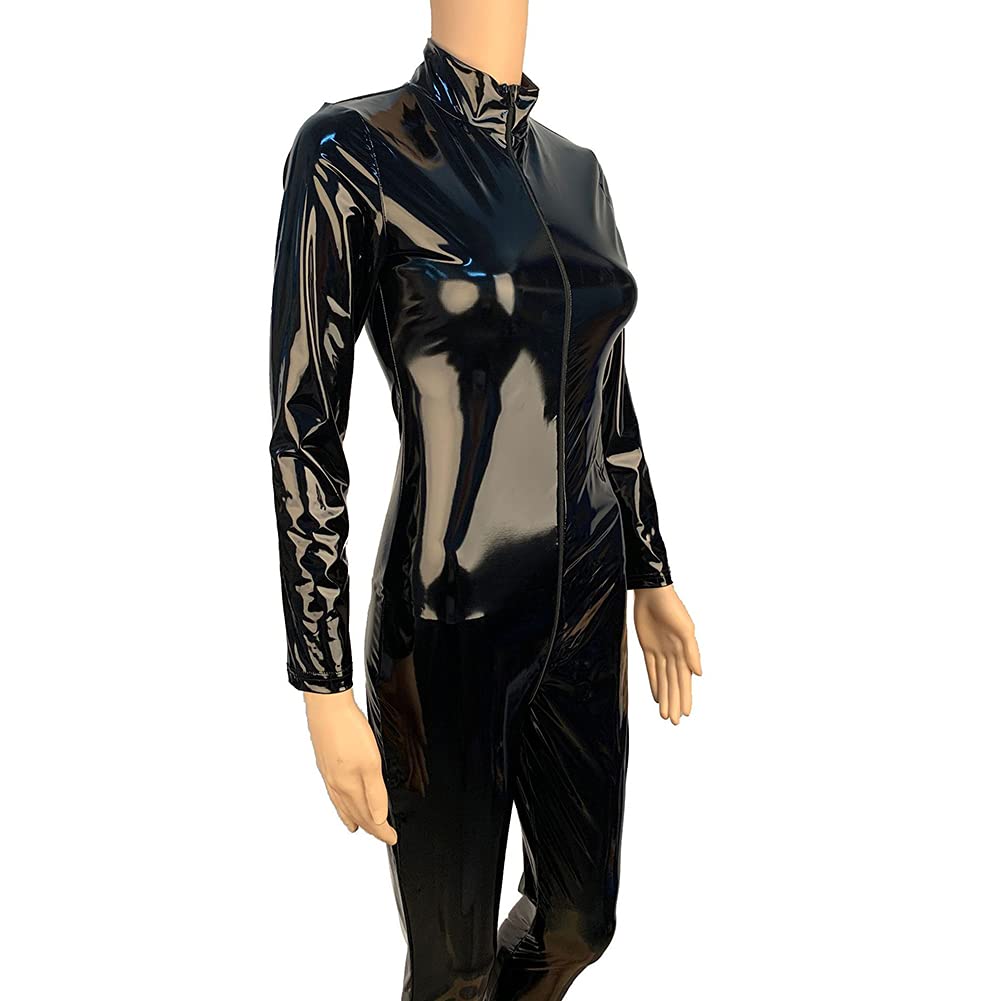 MediasCatsuit De Manga Larga De Cuero De Piel Sintética para Mujer, con Cremallera De Manga Larga Metálica, con Cremallera Mono De Una Pieza,Negro,5XL
