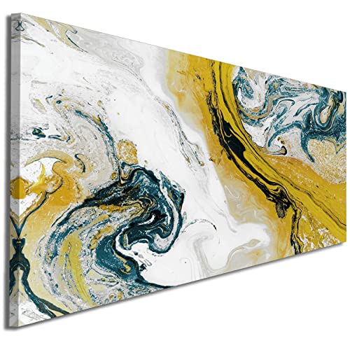 Wallfillers 1470 Peinture abstraite sur toile - Jaune moutarde et bleu sarcelle - Décoration de salon - 120 cm Cover