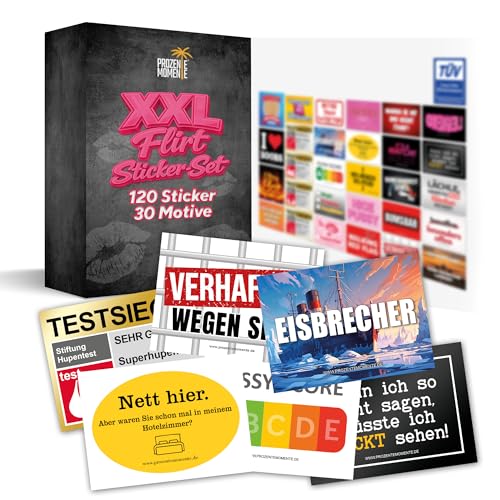 XXL Flirt Sticker Set mit 30 Motiven für jede Party Malle Party Festival Gadgets als Ballermann und Festivals Accessoires lustiges Stickerset witziges Aufkleberset Set (jedes Motiv 4x)