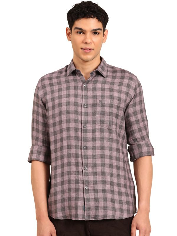 Image of Linen Club Men's Pure Linen Checked Contemporary Fit Full Sleeve Casual Shirt
