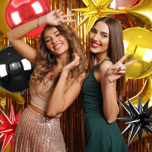 Image of 6pcs 22 inch Black Gold Red Star Balloons and 4D Large Foil Balloons, Black Red Star Balloon Gold 4D Foil Aluminum Balloon For Birthday Baby Shower Party Wedding Anniversary Engagement New Year