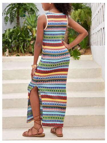 Girl's Summer Boho Striped Sleeveless Tank Dress - Square Neck Split Thigh Long Maxi2