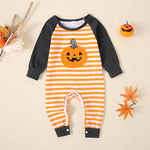 Fybitbo Infant Baby Boys Girls Striped Pumpkin Jumpsuit Romper Newborn Halloween Outfit Fall One Piece Clothes thumb #1